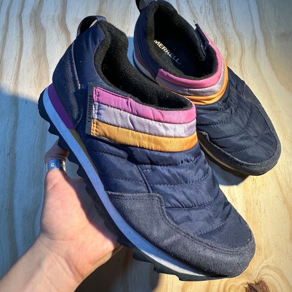 Merrell Womens Alpine Puffer Moc Navy Blue Retro Stripe Slip On Sneakers 8